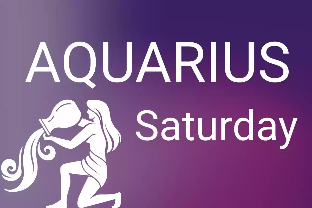 Image with a purple gradient background showing the word Aquarius, the day Saturday, and a figure of a person pouring water from a vessel.