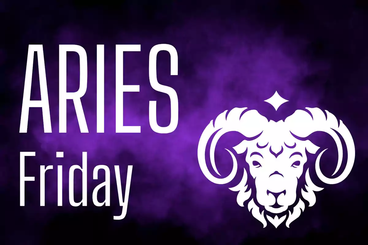 Purple background with the word Aries, the word Friday, and an illustration of a white ram’s head