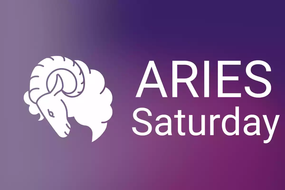 Illustration of a white ram next to the text ARIES Saturday on a gradient purple background