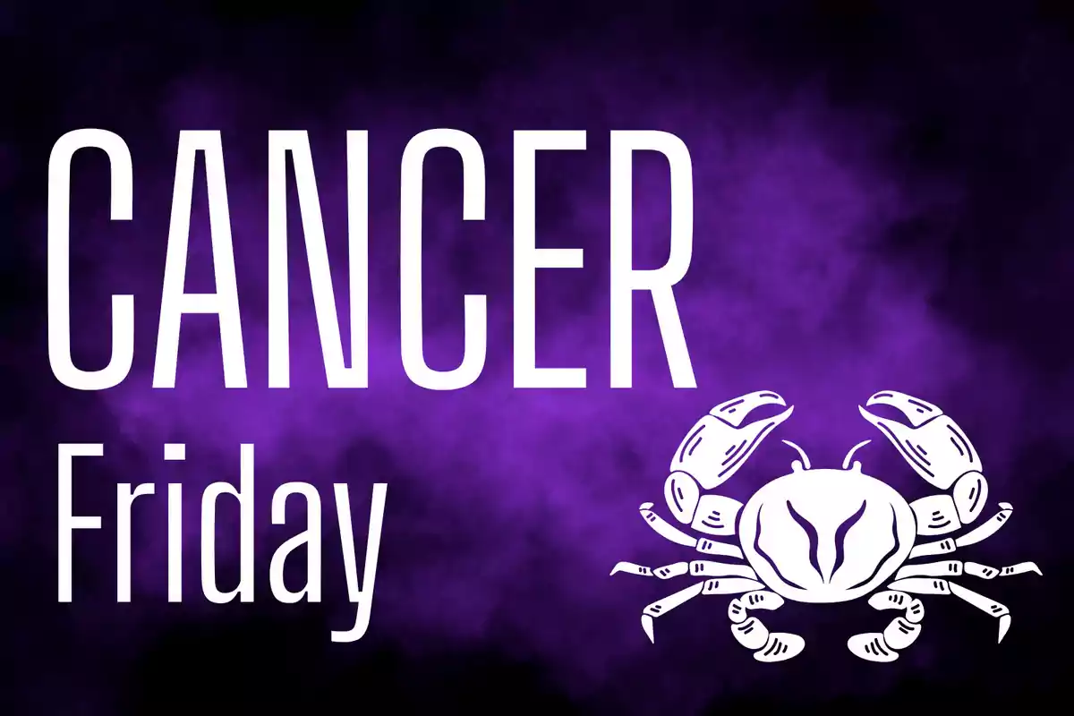 Purple background with the word Cancer in large letters, the word Friday underneath, and a drawing of a white crab on the right.