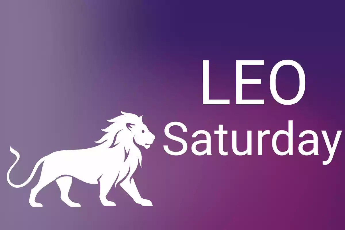 White lion next to the words LEO Saturday on a purple gradient background