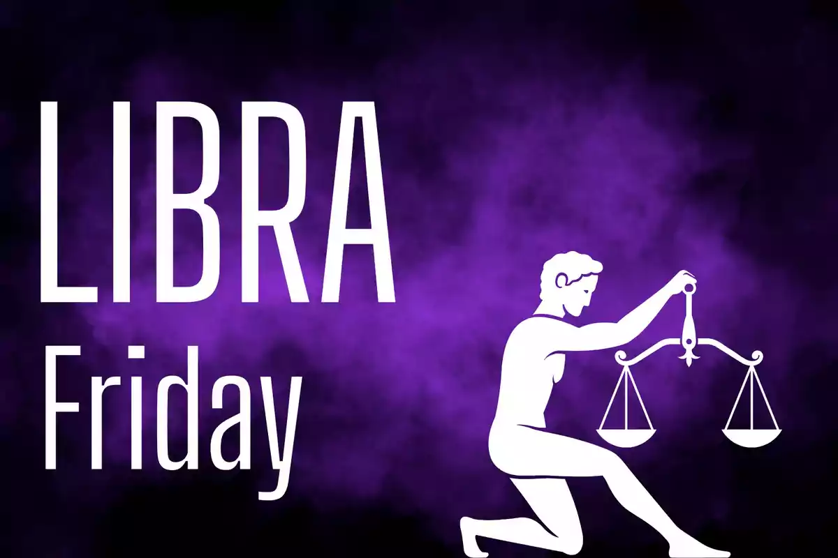 Purple background with the word LIBRA and Friday next to the silhouette of a person holding a scale