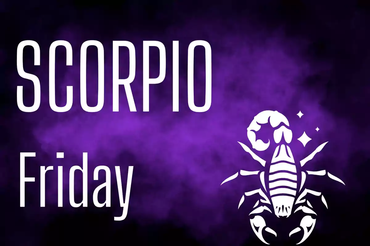 Purple background with the word Scorpio, the day Friday, and the silhouette of a white scorpion