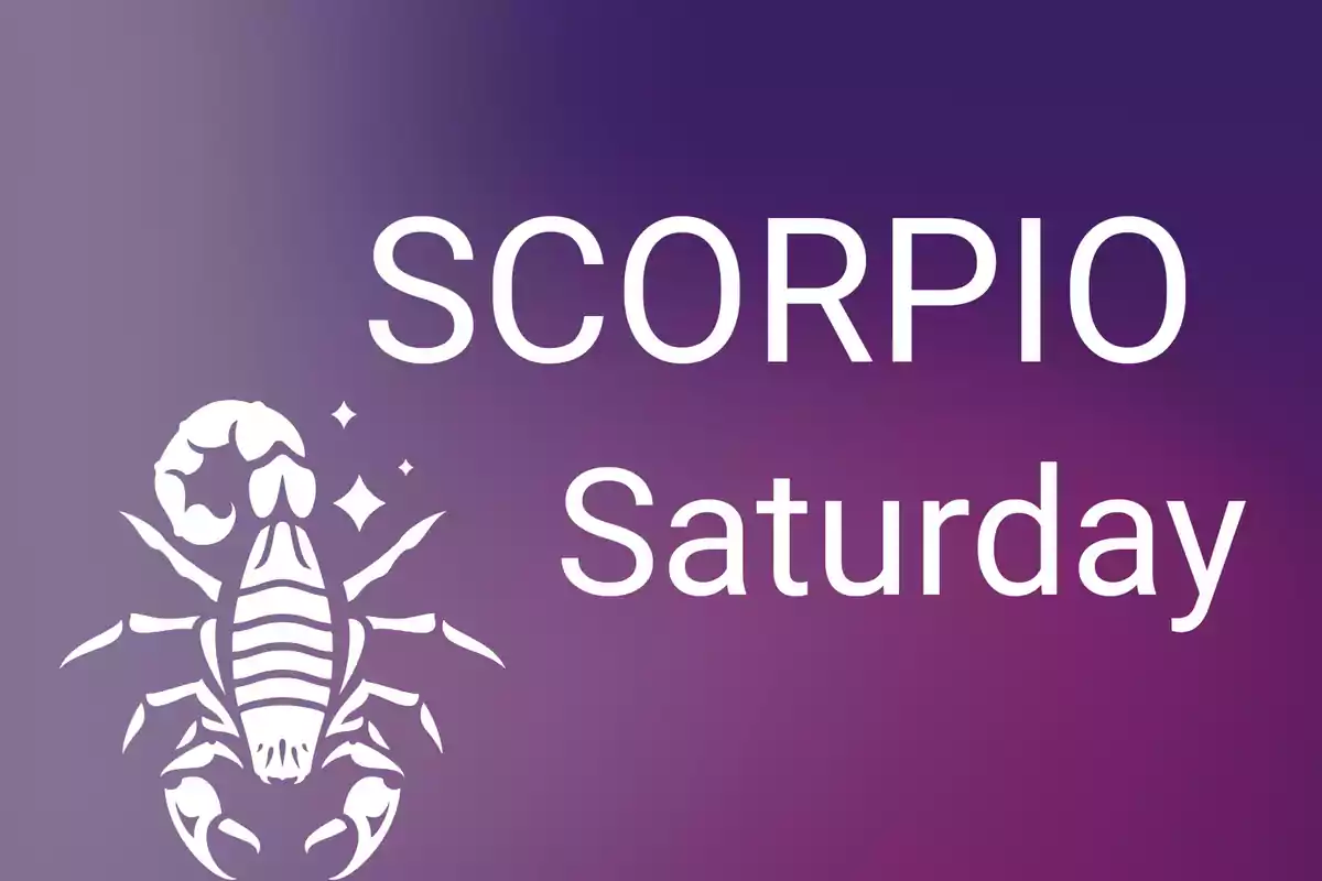Purple gradient background with the word Scorpio and Saturday next to a white drawing of a scorpion.