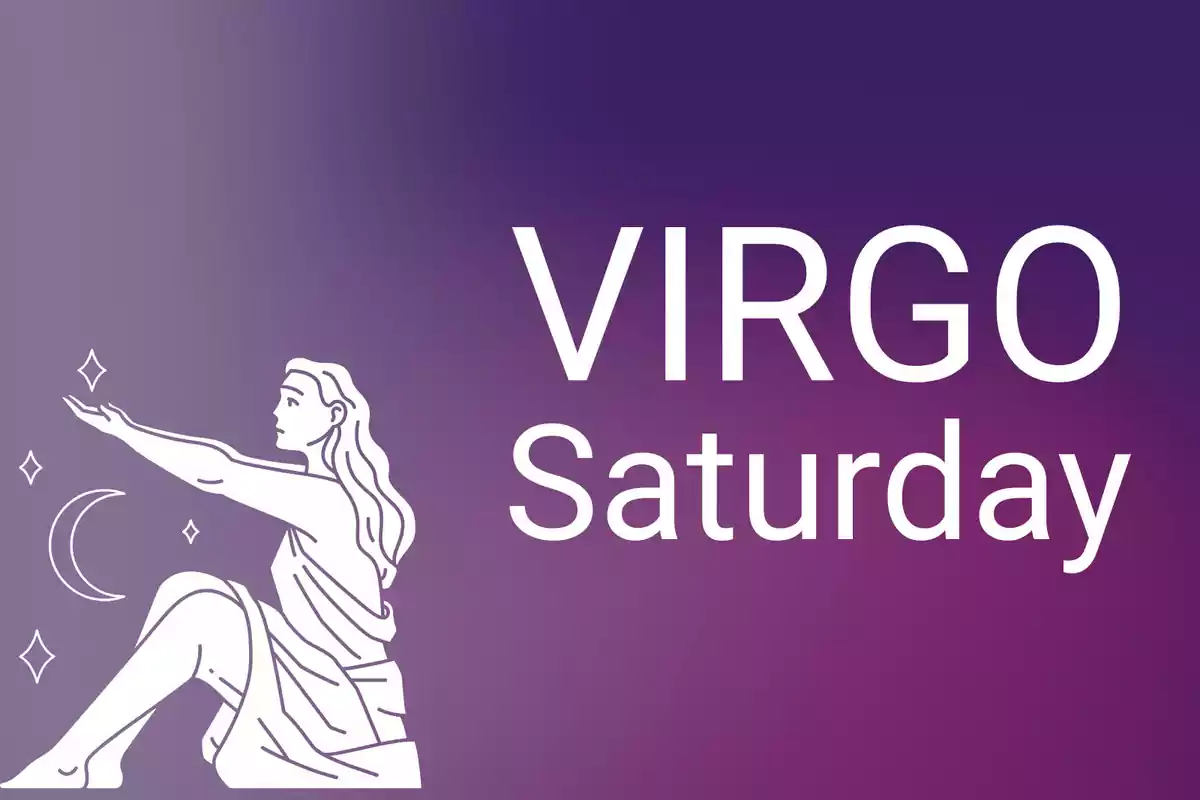 Illustration of a seated female figure with an outstretched arm next to stars and a moon, accompanied by the text VIRGO Saturday on a purple gradient background.