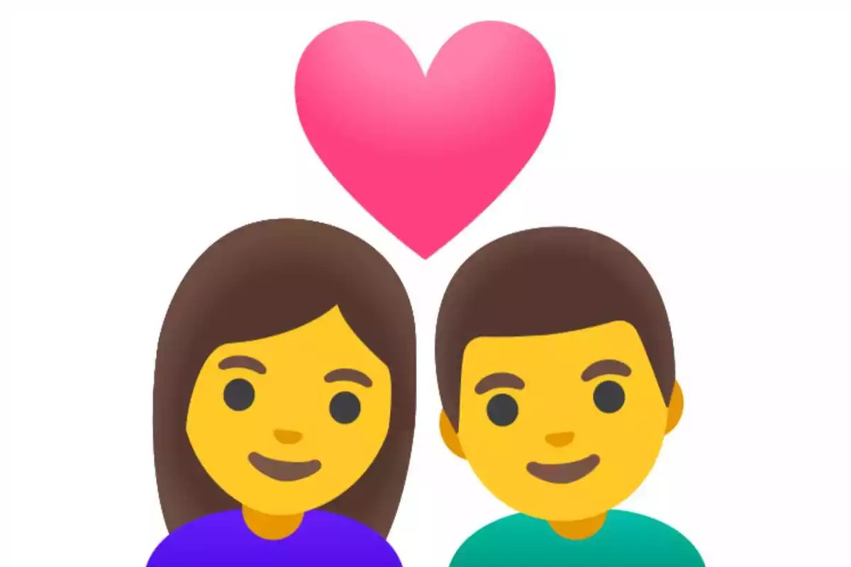 Two smiling emojis of a woman and a man with a pink heart above their heads