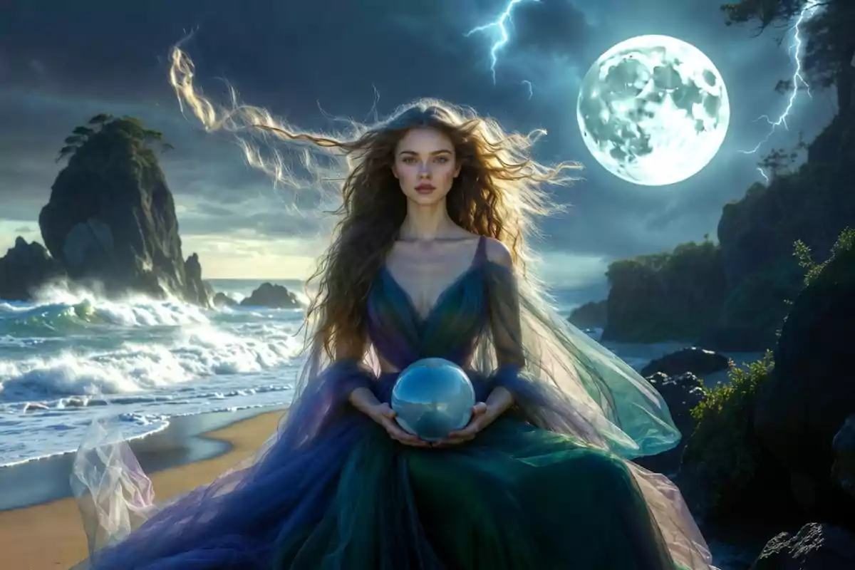 Woman in a long, flowing dress sitting on the beach holding a glowing sphere as the wind blows her hair under a full moon and lightning in the night sky