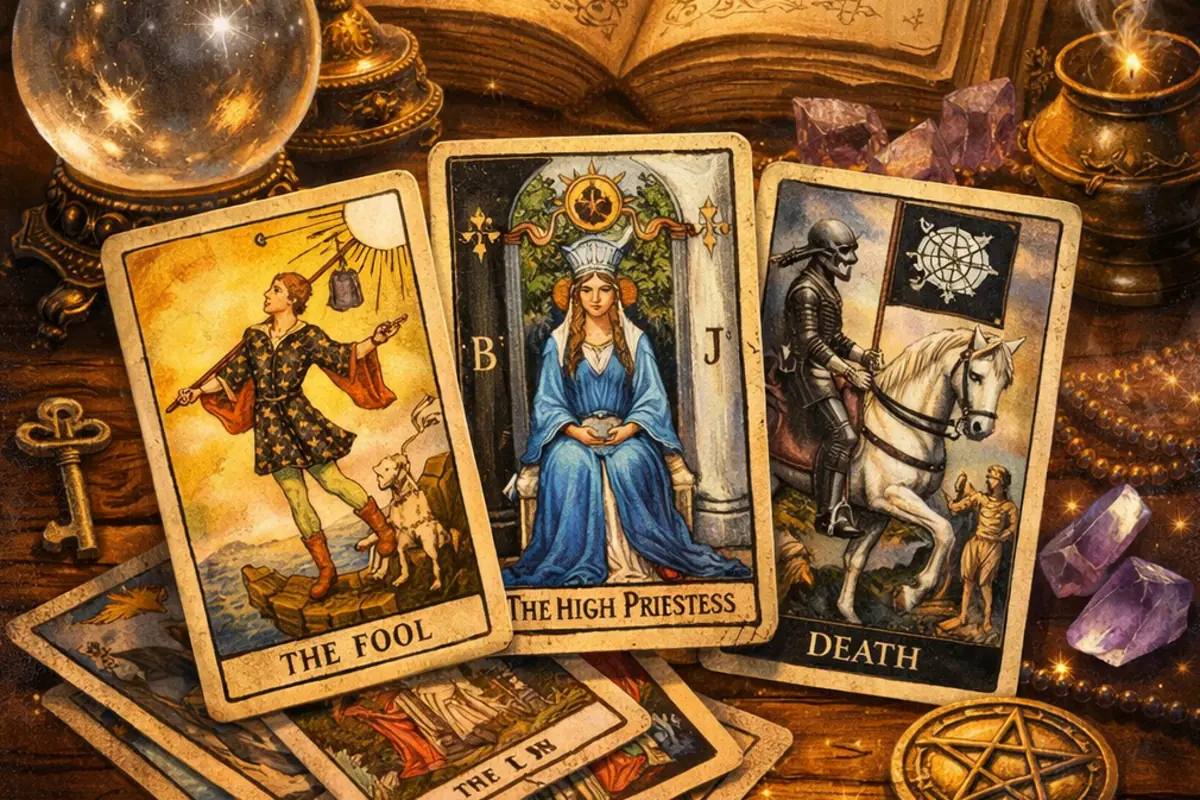 Three tarot cards—The Fool, The High Priestess, and Death—on a wooden table next to an old book, a crystal ball, lit candles, keys, and purple crystals