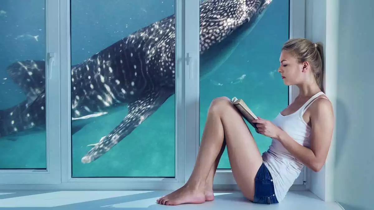 Woman reading next to a whale.