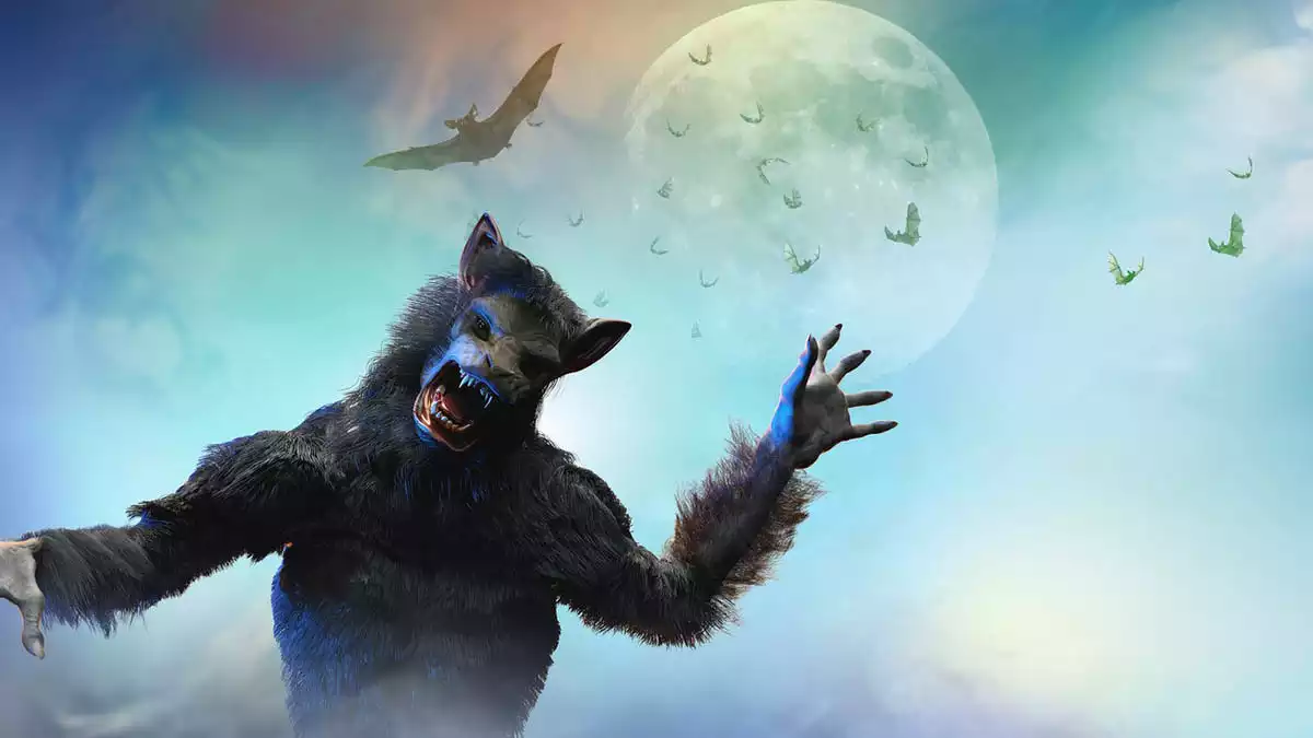 A werewolf with some bats and a big moon in the background