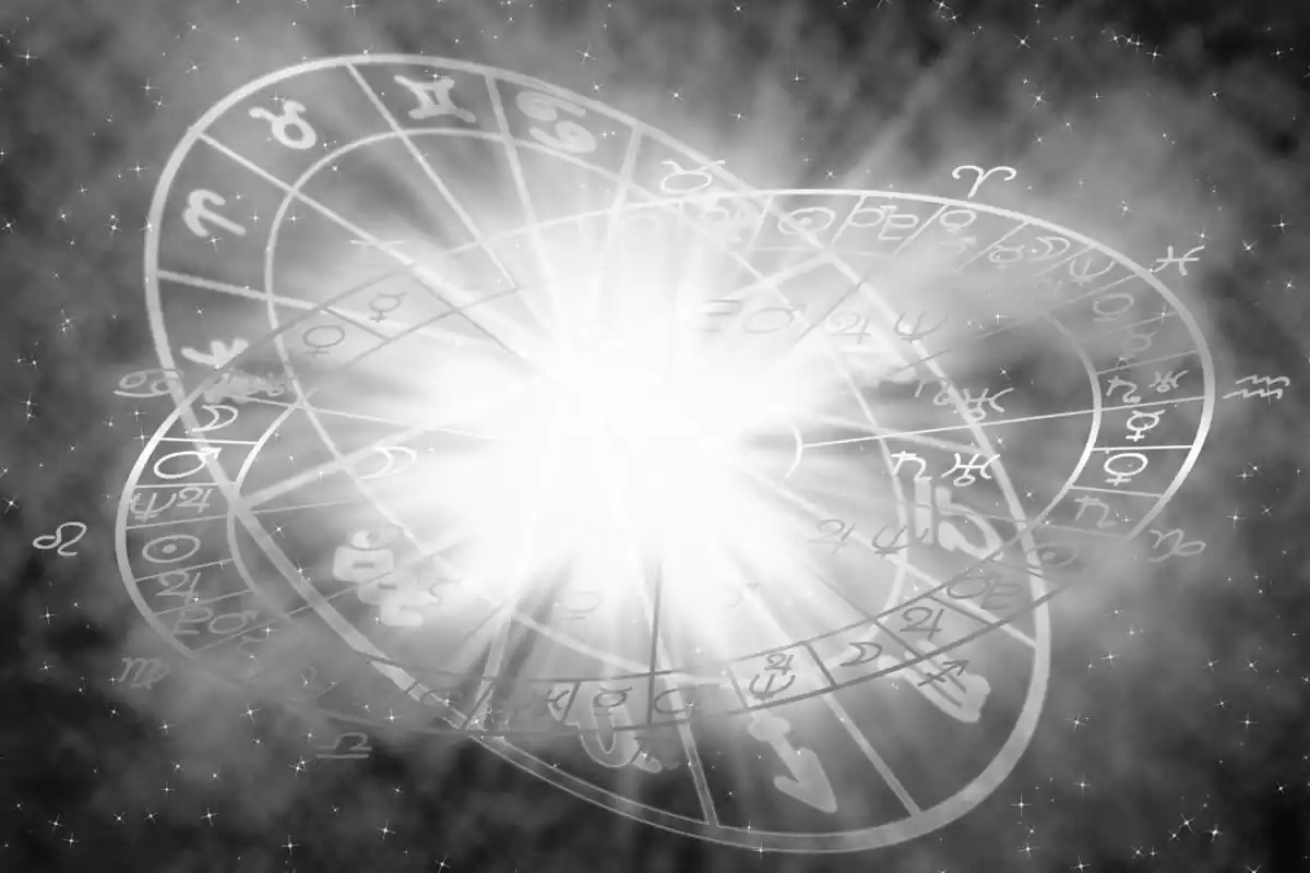 Two circles with the zodiac signs and a shiny beam of light in the middle