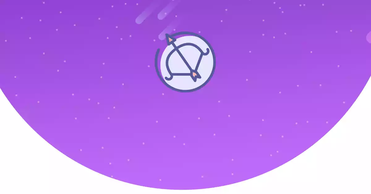 The sign of Sagittarius in half a purple circle