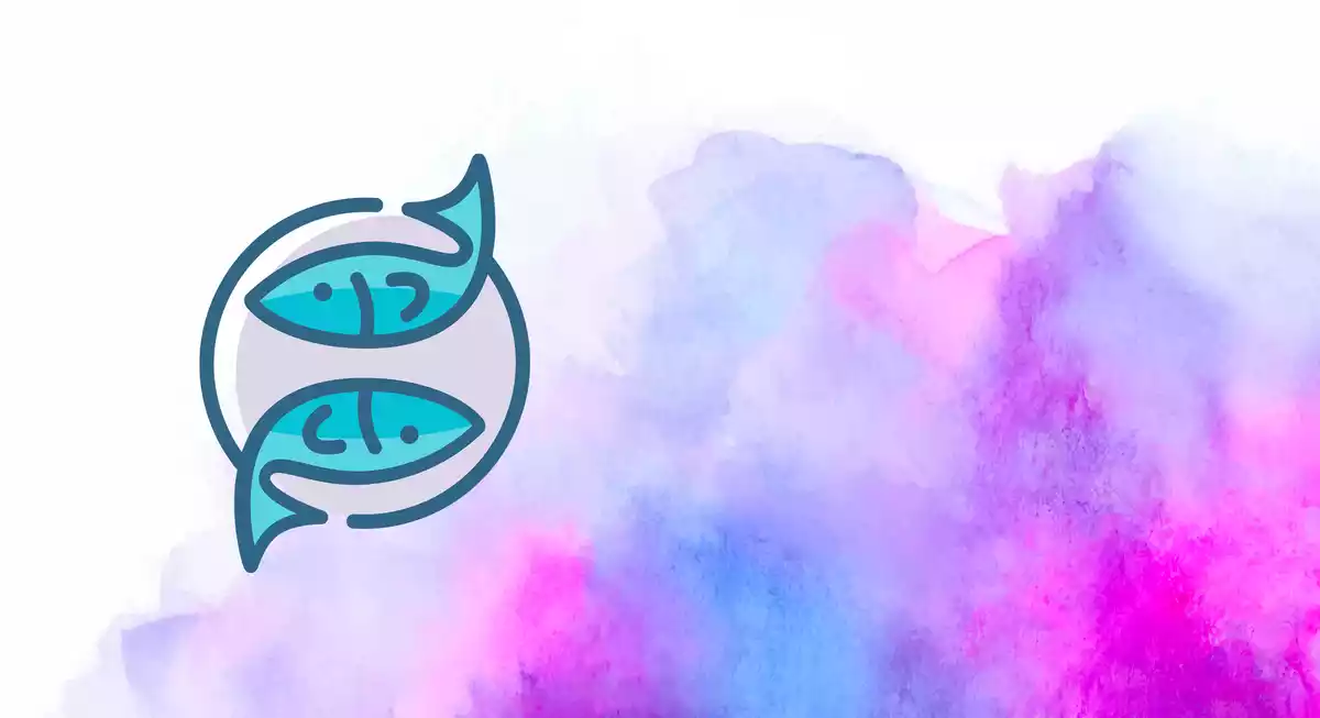 Pisces sign on a pink and purple watercolor background