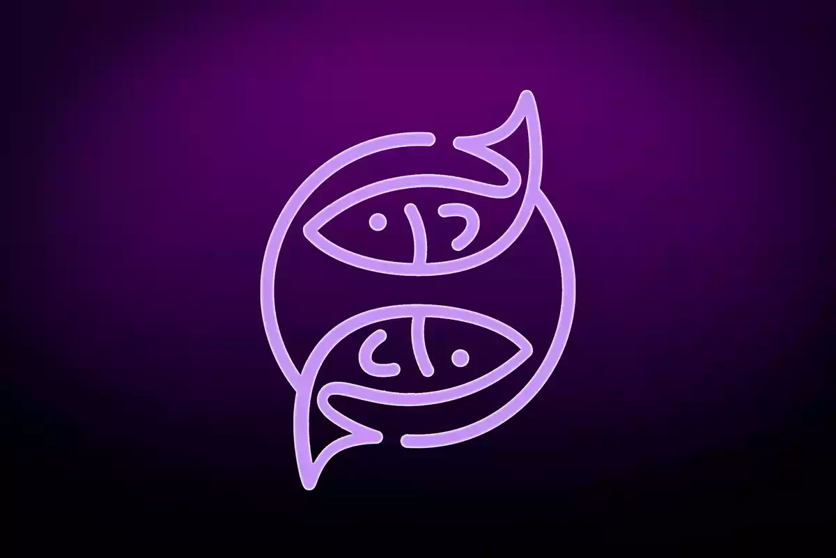 Purple Pisces sign on a dark purple background