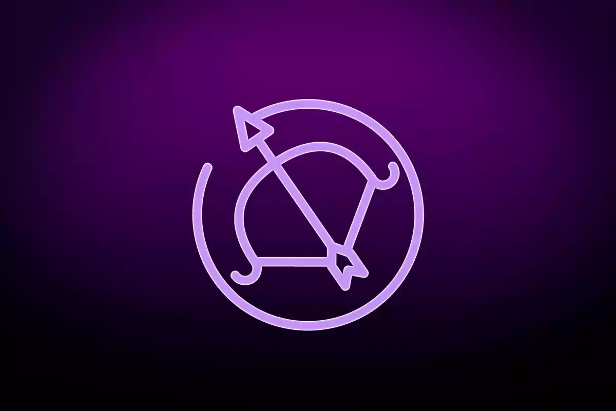 Purple Sagittarius sign on a dark purple background