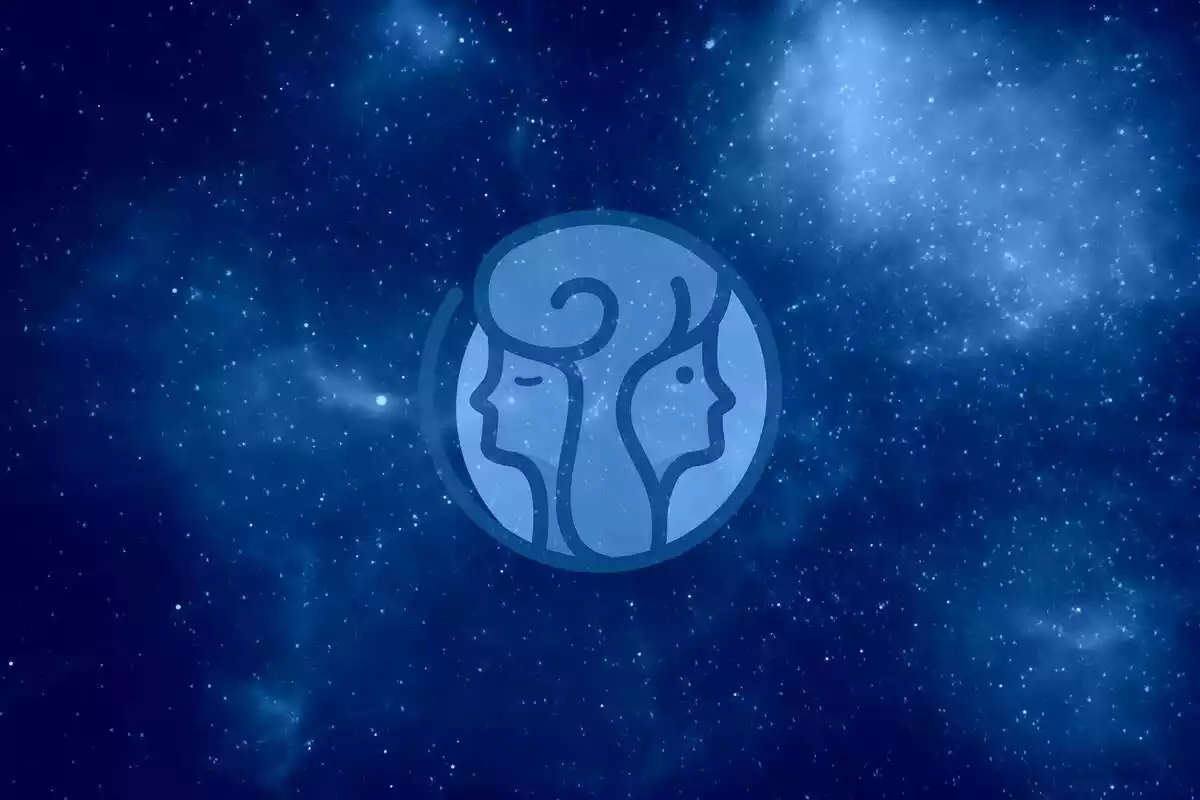 The Gemini sign in blue with a starry sky background