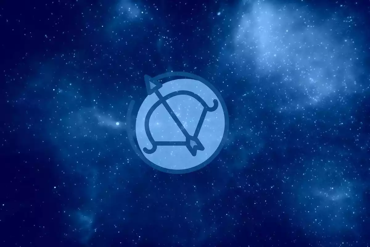 The Sagittarius sign in blue with a starry sky background