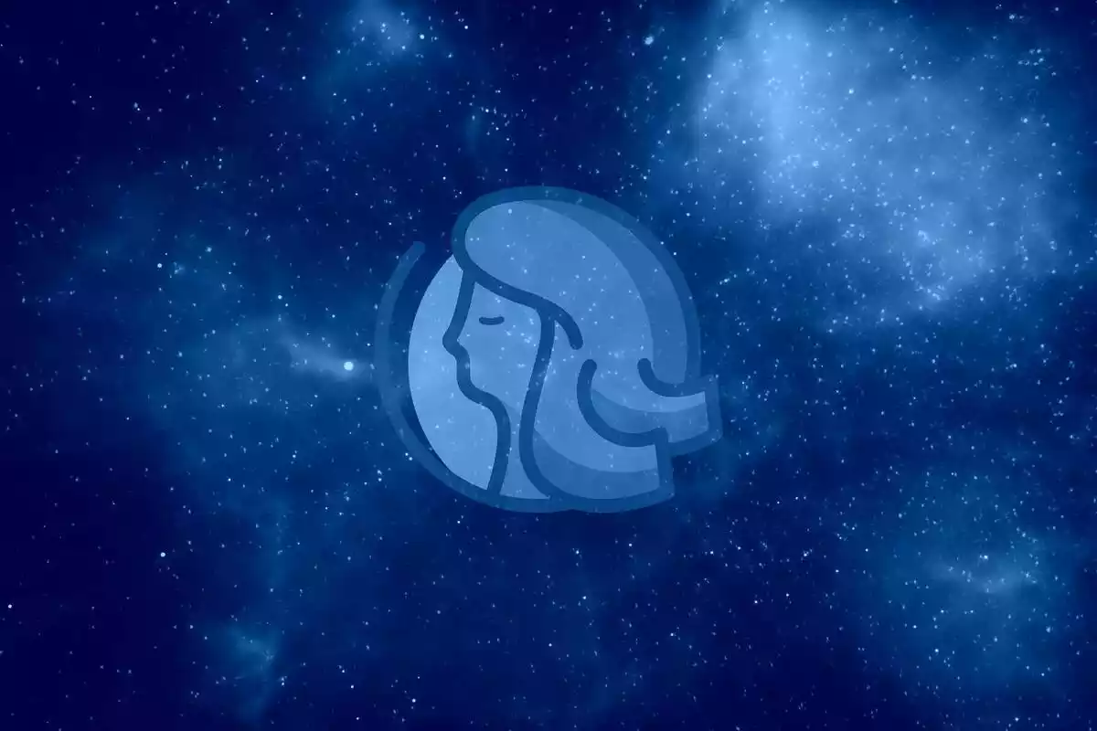 The Virgo sign in blue with a starry sky background