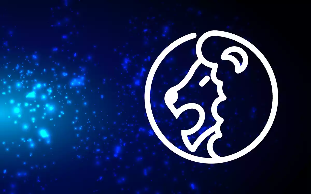The Leo sign in white on a blue background with some lights