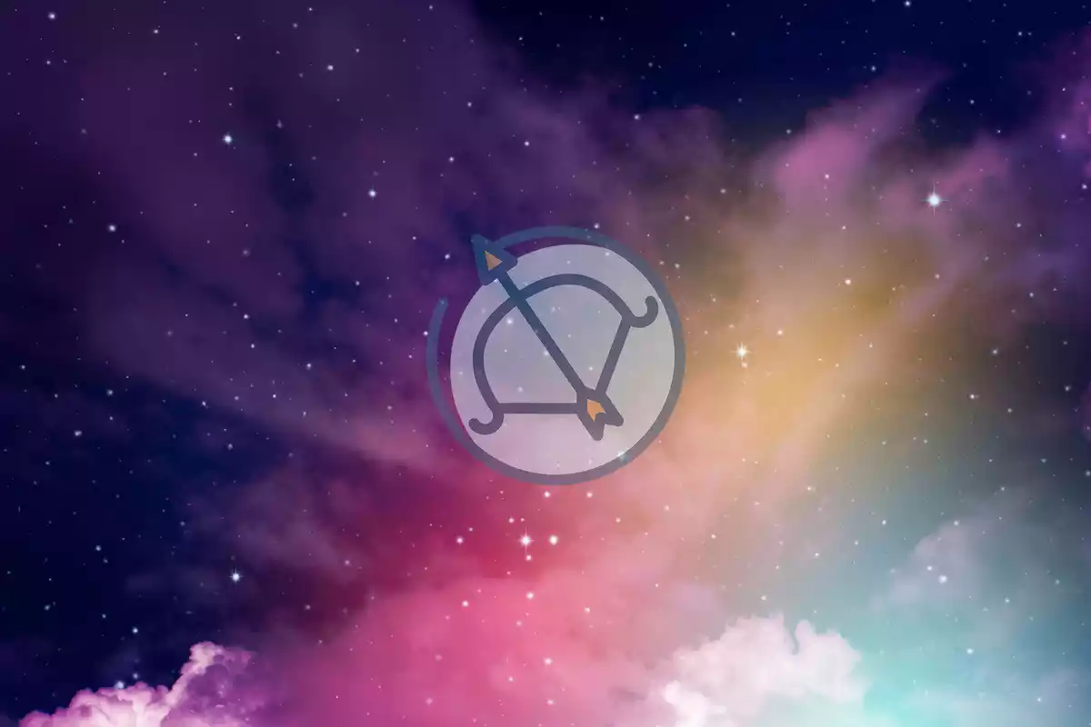 The sign of Sagittarius on a colourful sky background
