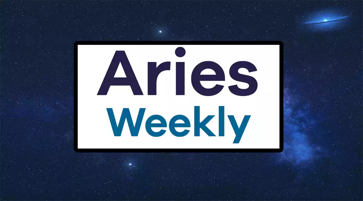 Aries Weekly on a white rectangle on a sky background