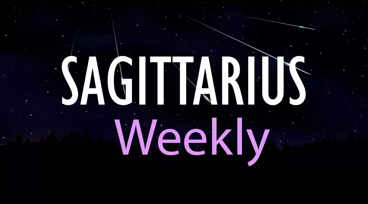 Sagittarius Weekly on a sky background with shooting stars