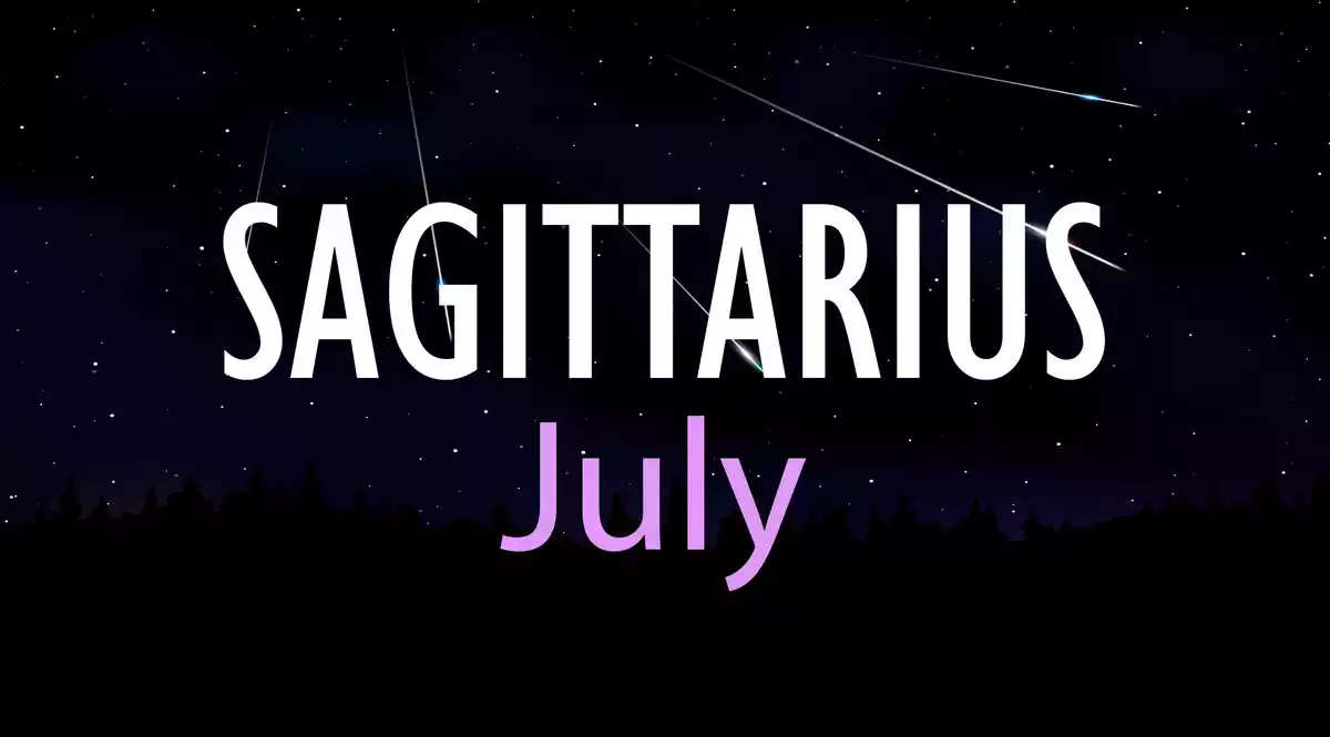 Sagittarius July on a sky background with shooting stars