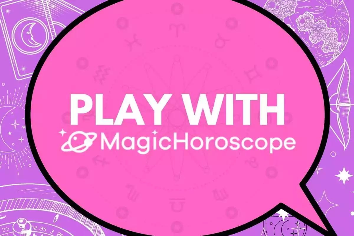 The phrase 'Play with Magic Horoscope' on a pink and lilac background with icons related to the astrological world