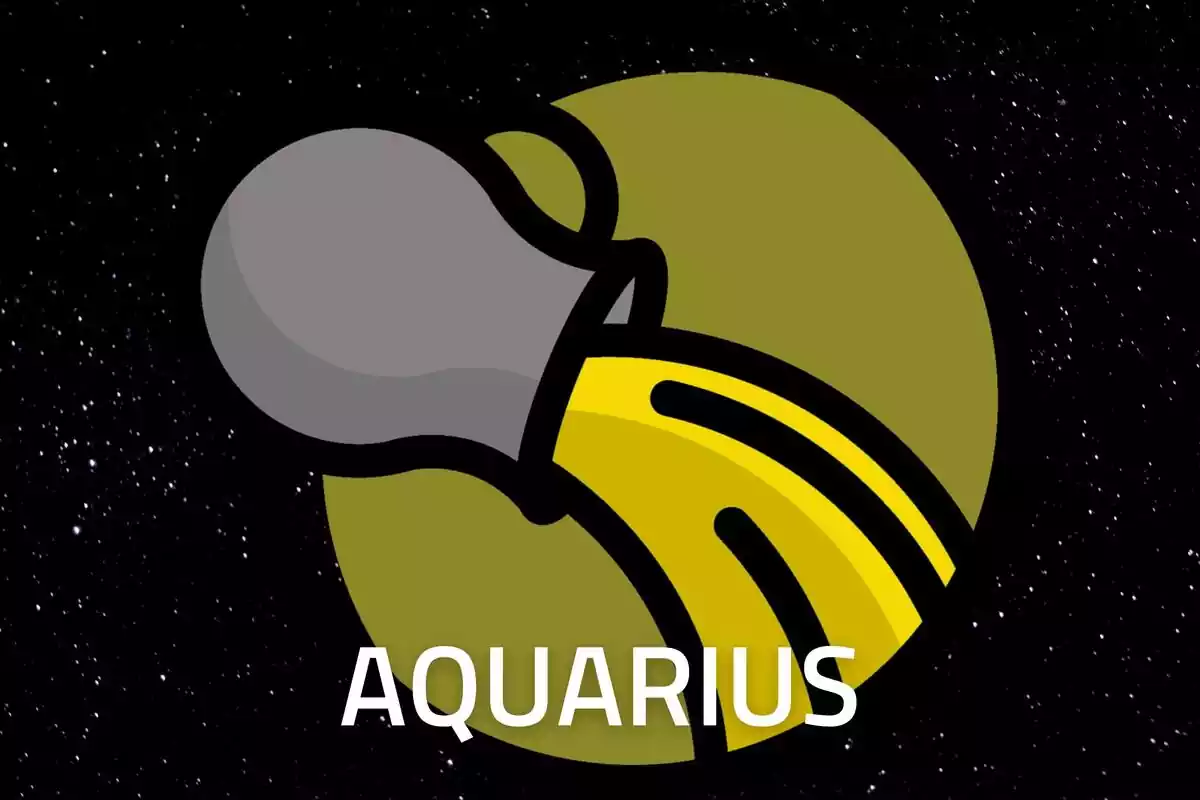 Aquarius Sign in gold on a starry black background and the word Aquarius in white letters
