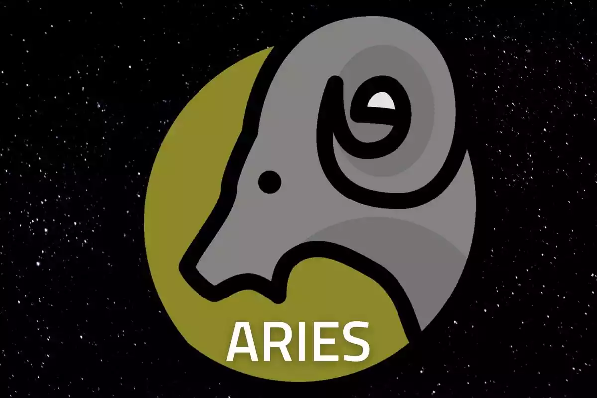 Aries Sign in gold on a starry black background and the word Aries in white letters