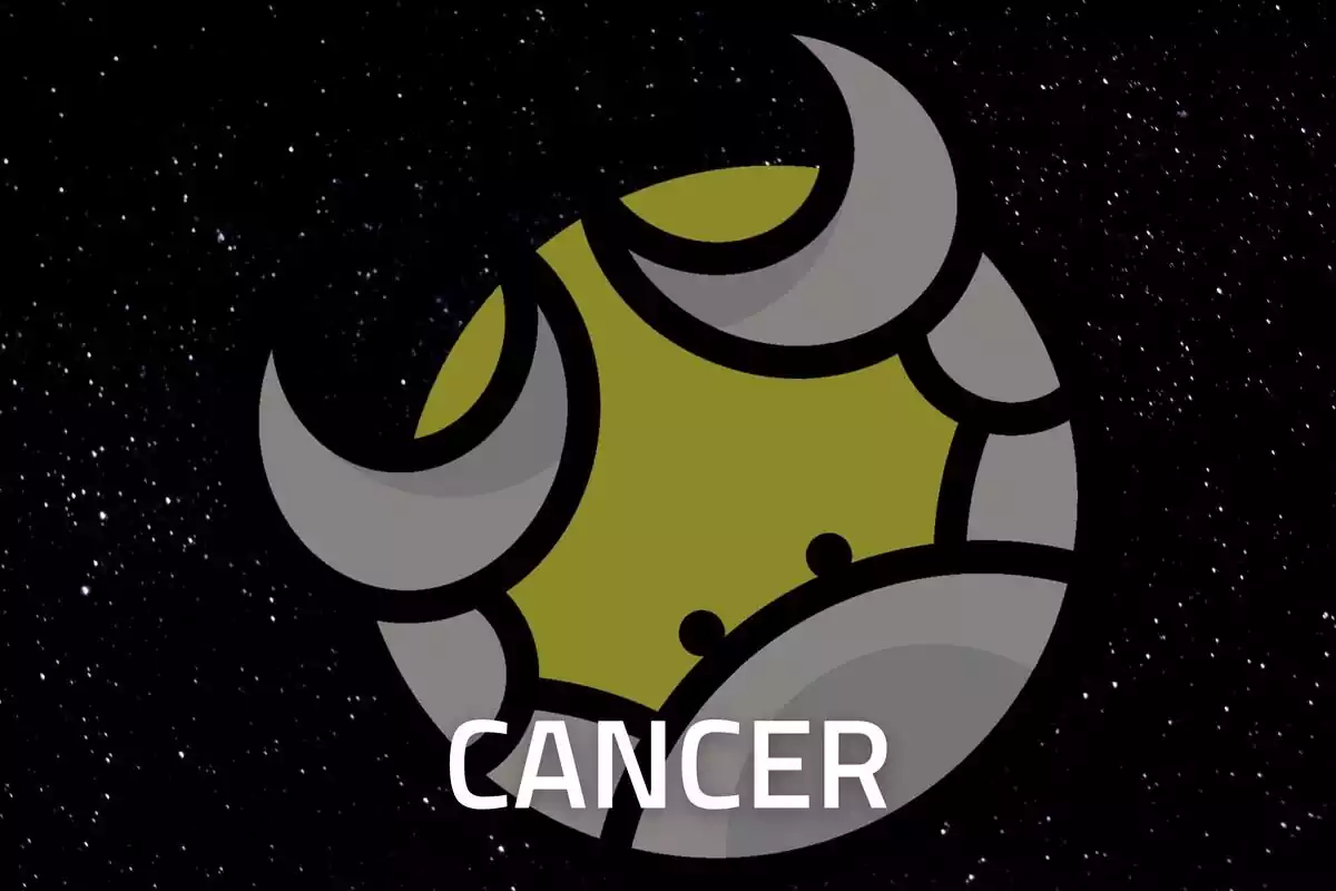 Cancer Sign in gold on a starry black background and the word Cancer in white letters