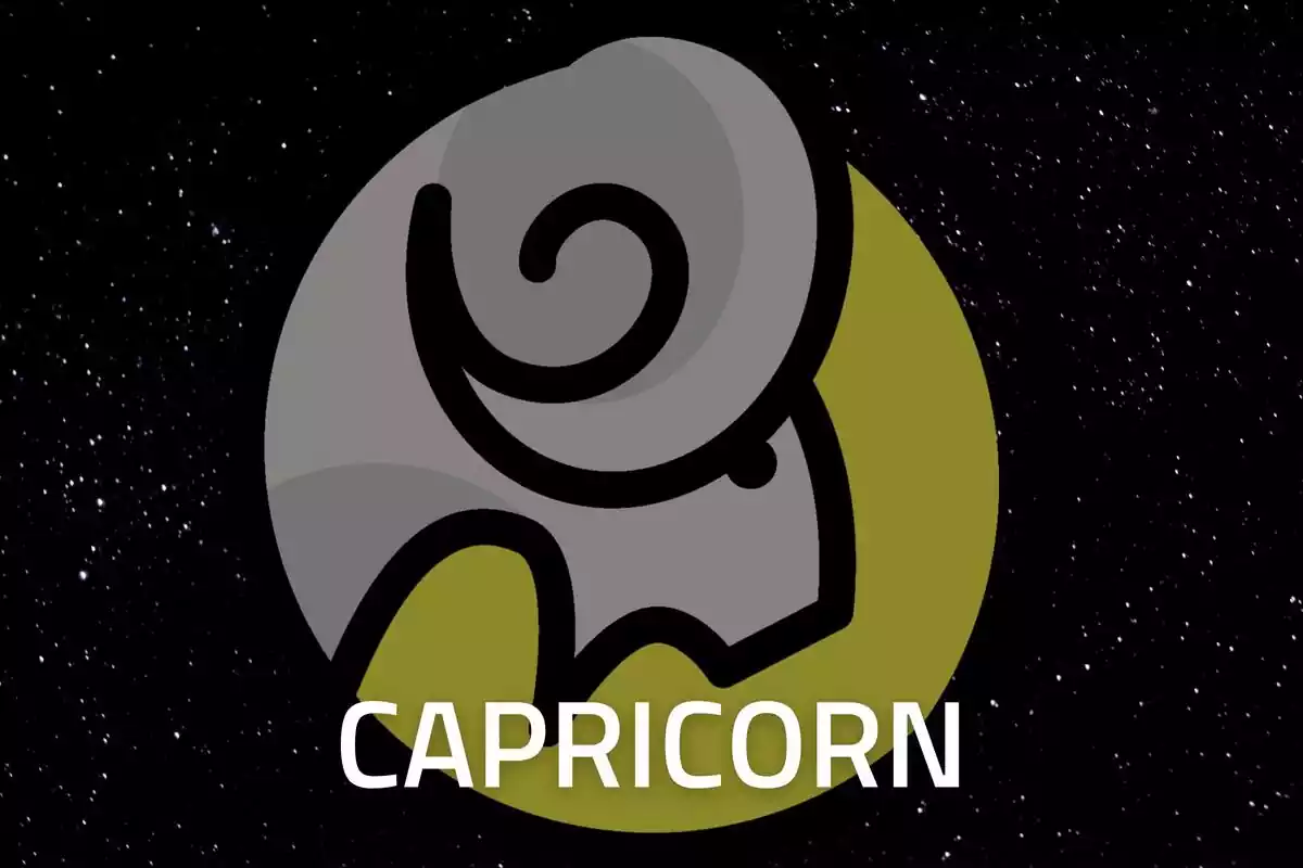 Capricorn Sign in gold on a starry black background and the word Capricorn in white letters