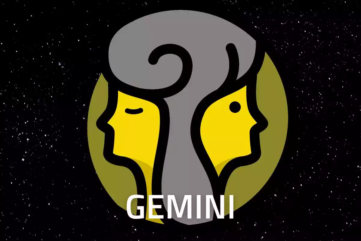 Gemini Sign in gold on a starry black background and the word Gemini in white letters