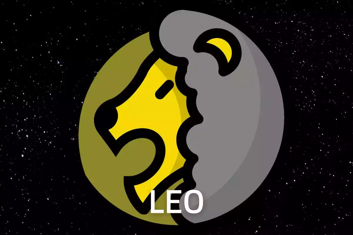 Leo Sign in gold on a starry black background and the word Leo in white letters