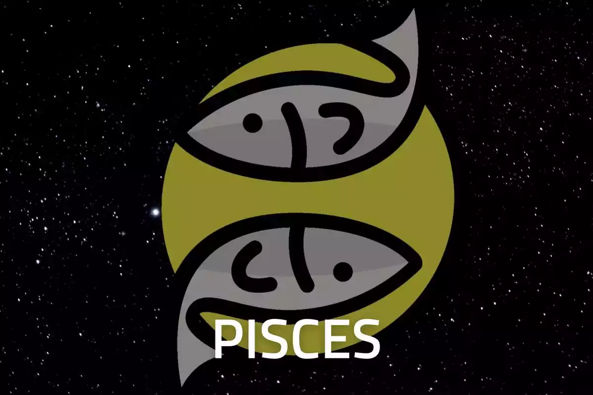 Pisces Sign in gold on a starry black background and the word Pisces in white letters