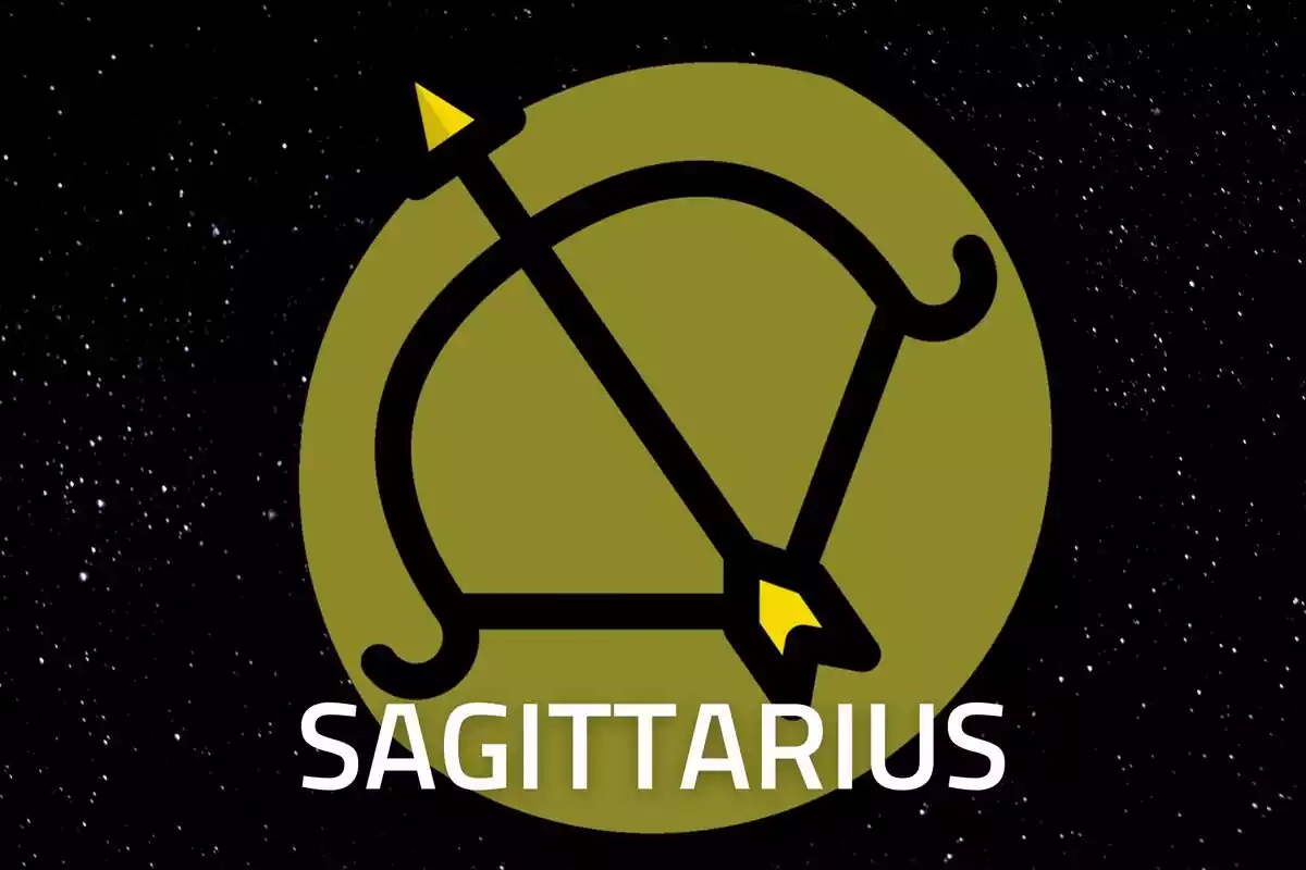 Sagittarius Sign in gold on a starry black background and the word Sagittarius in white letters