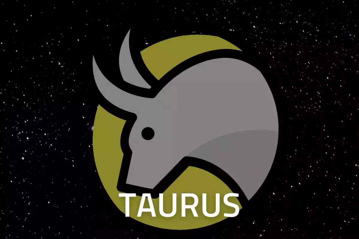 Taurus Sign in gold on a starry black background and the word Taurus in white letters