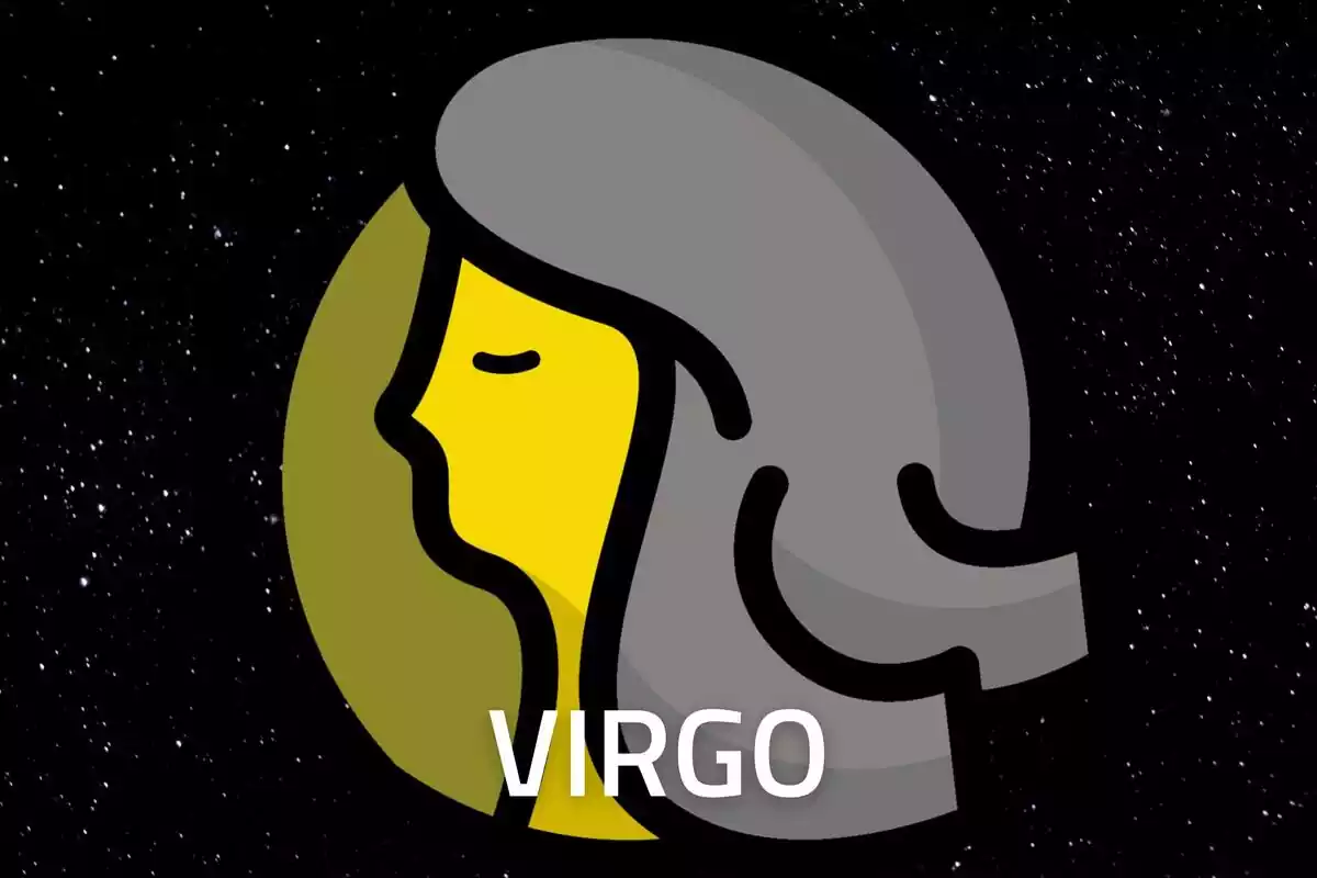 Virgo Sign in gold on a starry black background and the word Virgo in white letters
