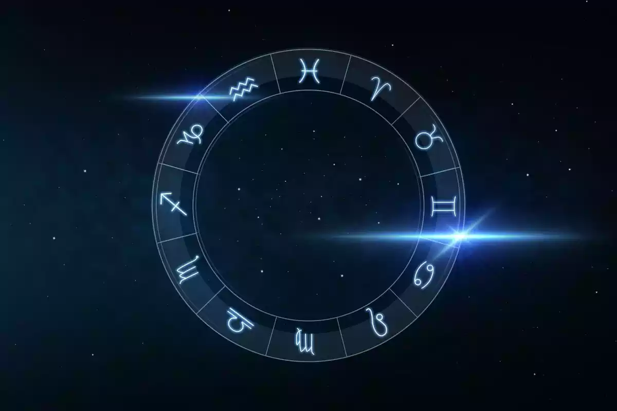 Blue circle with zodiac signs drawn inside a starry background