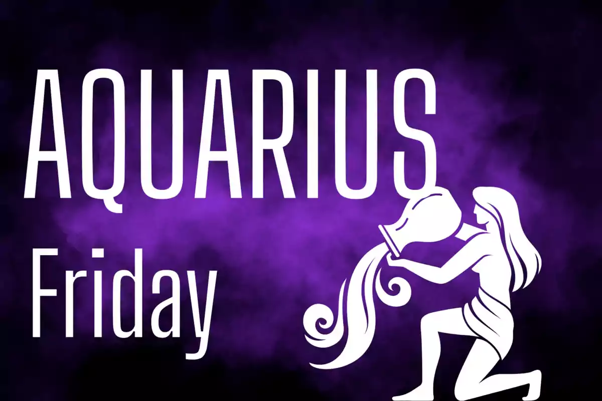 Purple background with the word Aquarius, the day Friday, and the silhouette of a woman pouring water from a jug