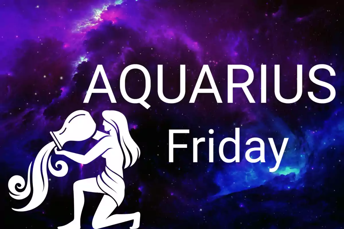 Purple galaxy background with the word Aquarius, the day Friday, and the Aquarius zodiac symbol