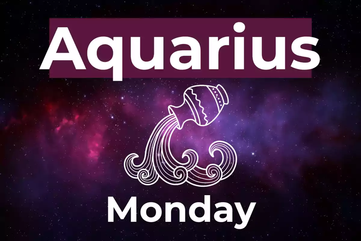 Image with a galaxy background showing the word Aquarius at the top, an Aquarius symbol in the center, and the word Monday at the bottom.