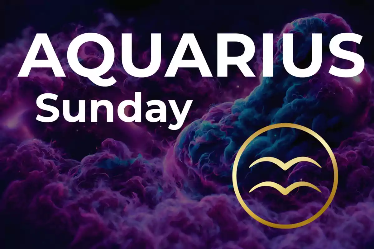 Image with the text "Aquarius Sunday" on a background of purple and blue clouds, next to the golden symbol of the Aquarius sign.