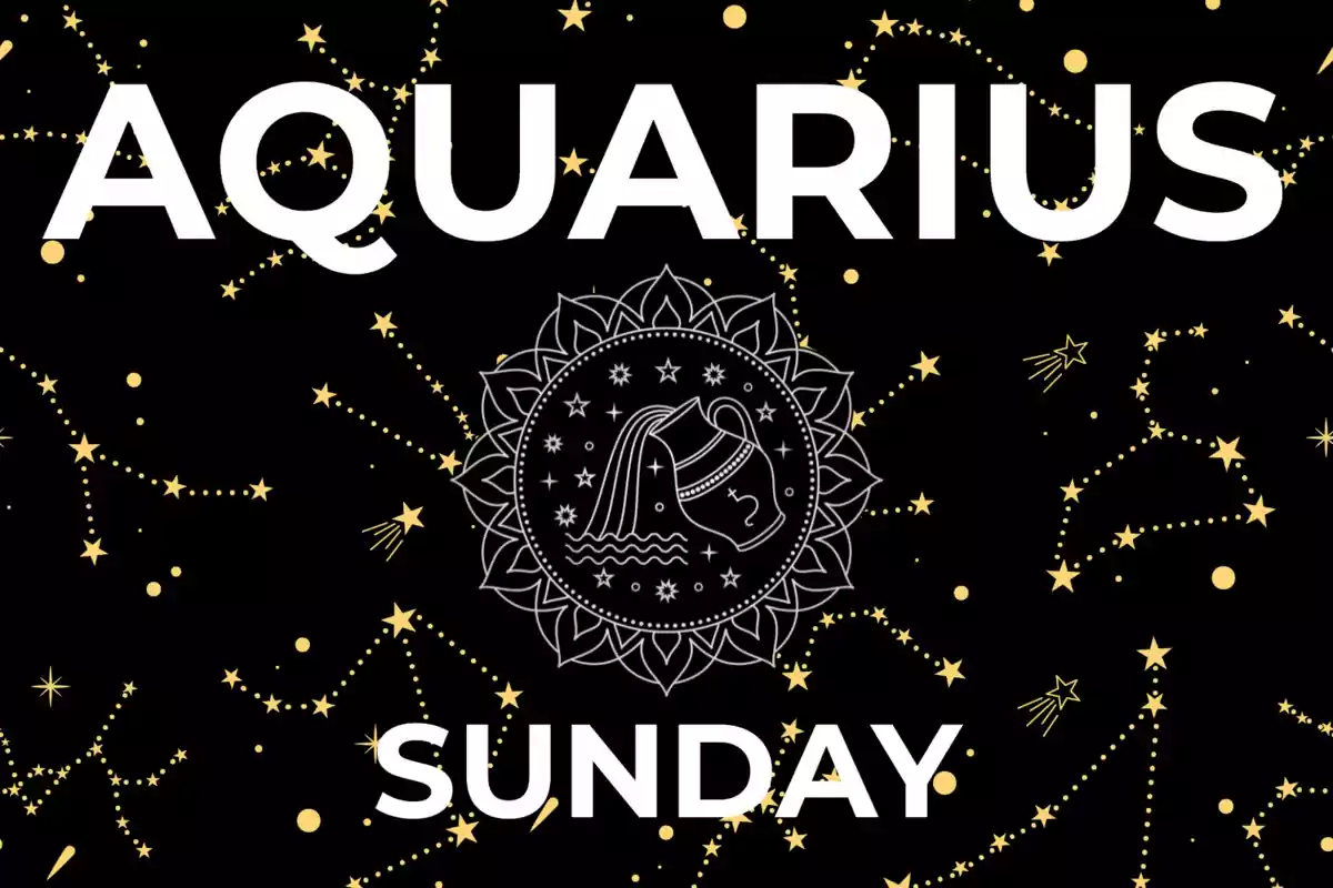 Image with the word Aquarius at the top, an Aquarius symbol in the center, and the word Sunday at the bottom, on a black background with golden stars and constellations.