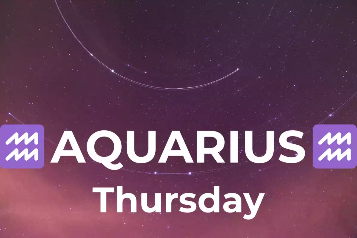 Starry sky background with the text "Aquarius Thursday" and Aquarius sign symbols