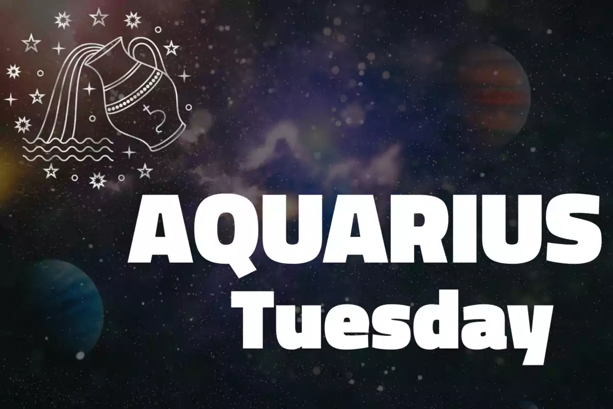 Galaxy background with the Aquarius symbol and the text "Aquarius Tuesday" in large white letters