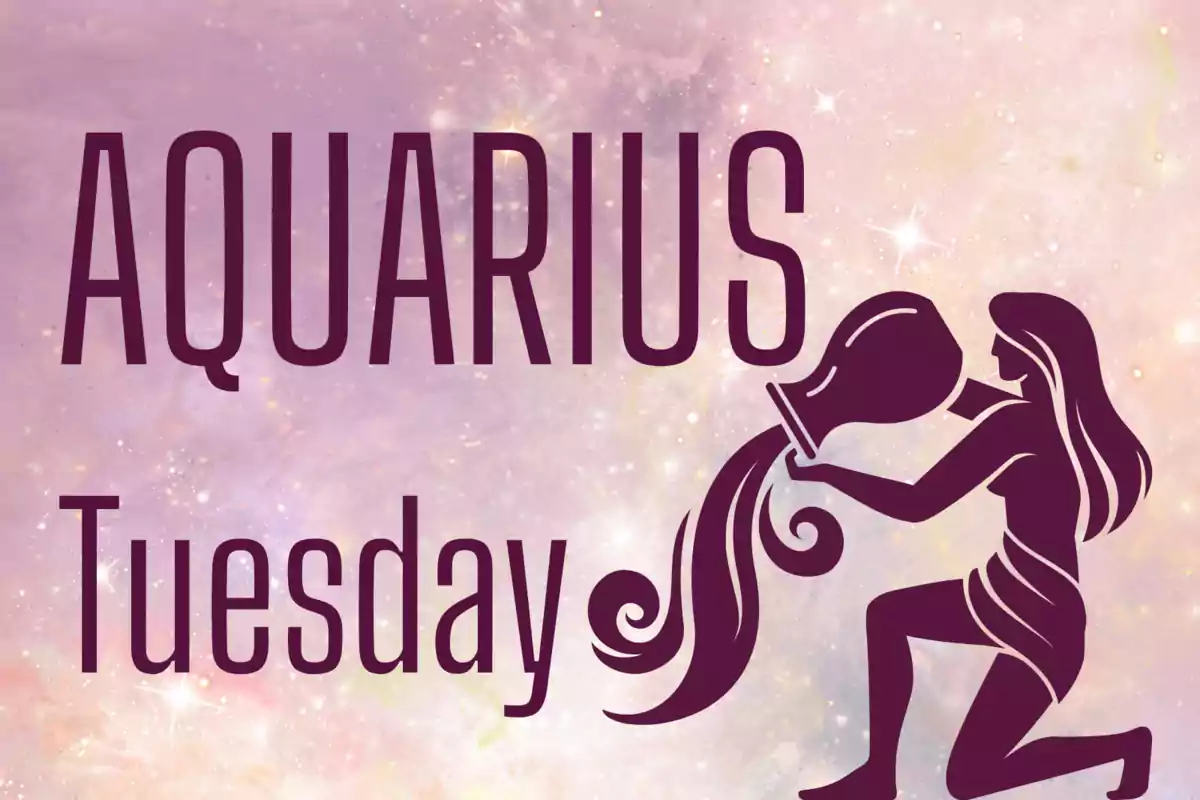 Starry background with the word Aquarius, the day Tuesday, and the silhouette of a woman pouring water from a vessel
