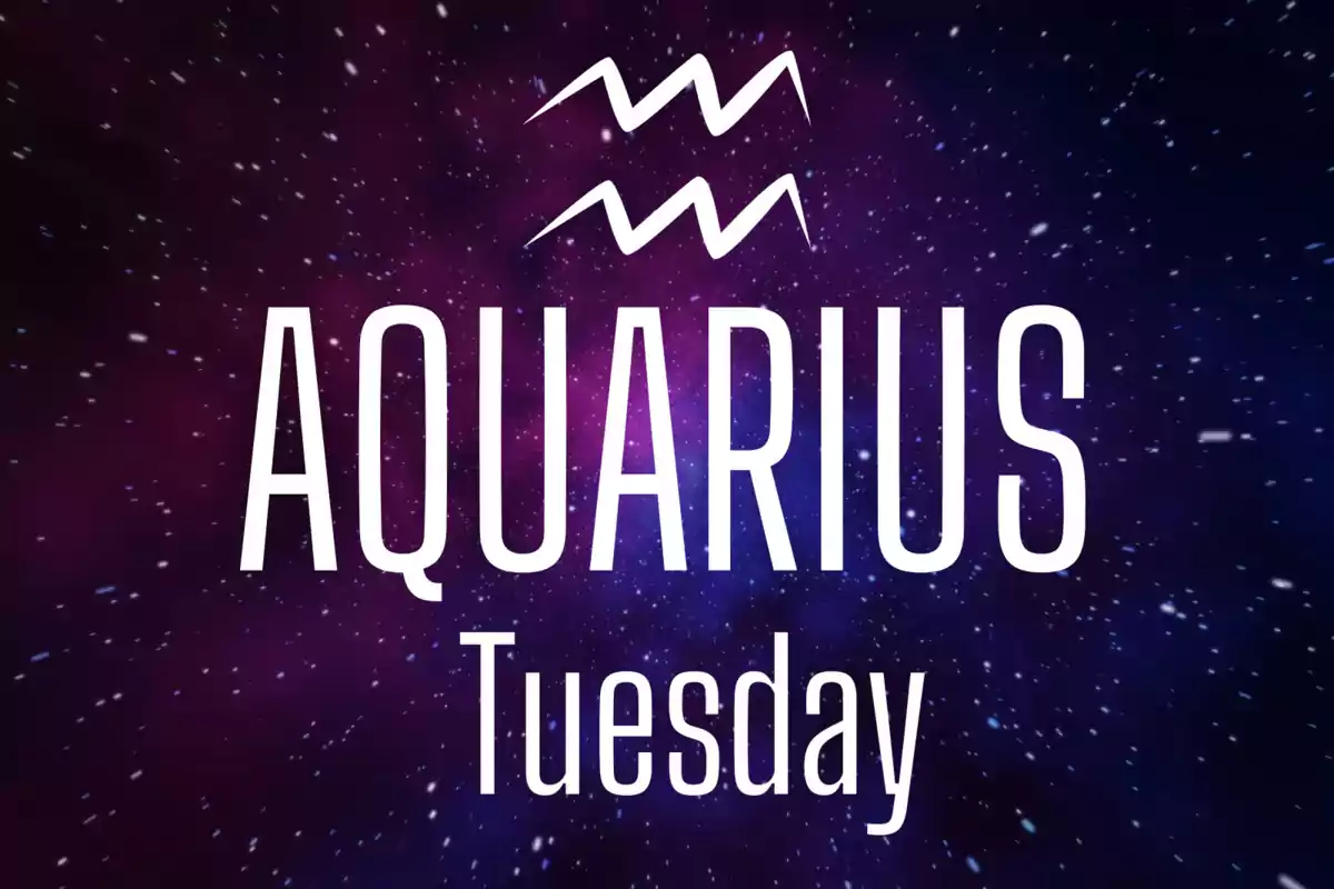 Starry background with the Aquarius symbol and the words "Aquarius Tuesday" in the center