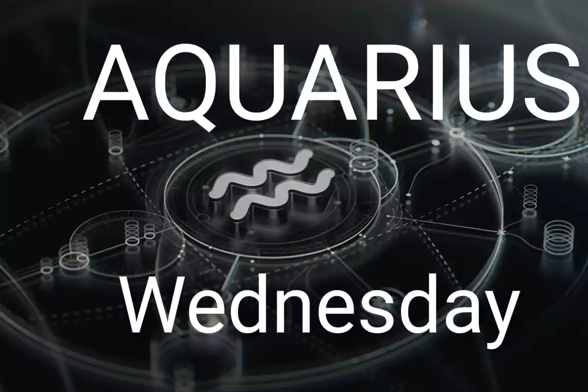 Image with the text "Aquarius Wednesday" on a dark background with a zodiac Aquarius symbol in the center.