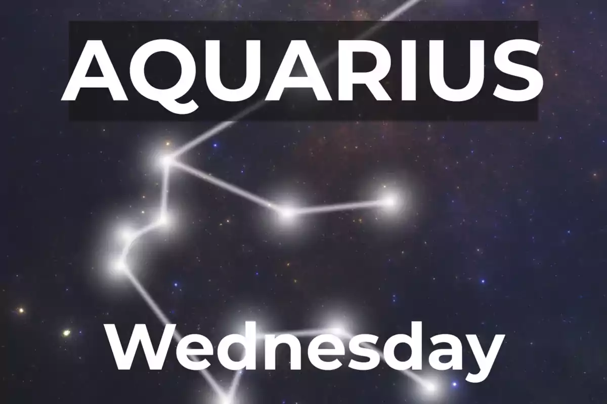 Starry background with the Aquarius constellation highlighted and the words Aquarius and Wednesday in large letters.